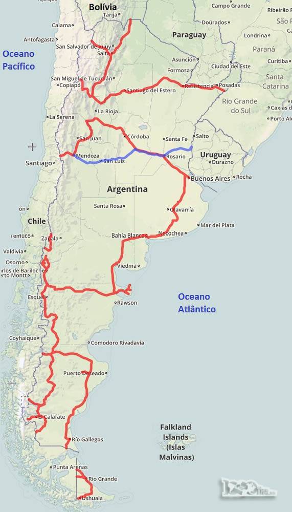 Todos os nossos caminhos pela Argentina, após tantas entradas e saídas. Em azul, nossa última travessia pelo país, de Mendoza a Colón, na fronteira com o Uruguai